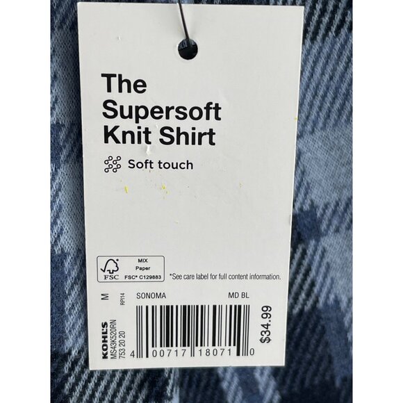 Sonoma Mens Size M Blue Plaid Supersoft Knit Shirt Polyester Blend - Picture 7 of 8